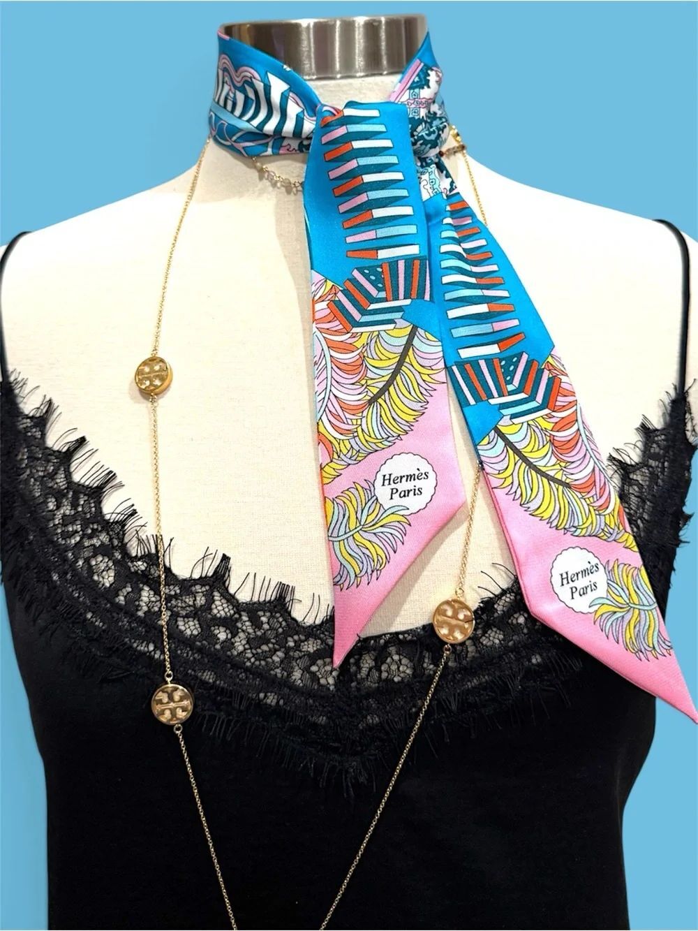 Luxury France Silk Scarf Ribbon Tie Vibrant Blue & Pink Silk Neck Scarf